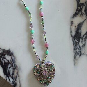 Michal Golan Amethyst Heart Necklace with Multicolored Beads.